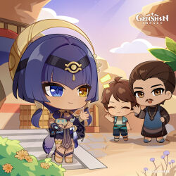 1girl 2boys absurdres ancient_egyptian ancient_egyptian_clothes arm_guards blue_eyes blue_hair candace_(genshin_impact) chibi closed_mouth cloud commentary dark-skinned_female dark_skin english_commentary genshin_impact highres holding looking_at_another multiple_boys official_art outdoors short_hair_with_long_locks smile yellow_eyes