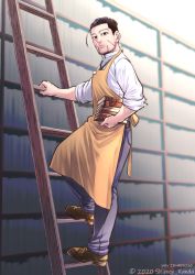 1boy alternate_costume apron black_eyes black_hair book book_stack bookshelf brown_footwear climbing climbing_ladder contemporary decoy00xx denim expressionless facial_hair facial_scar goatee golden_kamuy hair_slicked_back hair_strand holding holding_book jeans ladder librarian library looking_at_viewer male_focus ogata_hyakunosuke orange_apron pants scar scar_on_cheek scar_on_face shirt short_hair sleeves_rolled_up solo stubble undercut white_shirt