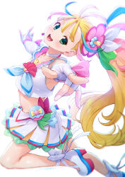 1girl :d absurdres ankle_bow ankle_ribbon bare_shoulders blonde_hair blue_hair blue_neckerchief blurry blush bow breasts choker clothing_cutout commentary_request cowboy_shot crop_top cure_summer depth_of_field earrings elbow_gloves fingerless_gloves floating_hair flower foreshortening from_side glove_bow gloves gradient_hair green_eyes green_ribbon gyaru hair_bow hair_flower hair_ornament hair_ribbon head_tilt heart heart_cutout heart_in_eye hibiscus high_heels highres index_finger_raised jewelry kazuma_muramasa layered_skirt leaning_back lipstick long_hair looking_at_viewer looking_to_the_side magical_girl makeup midriff multicolored_eyes multicolored_hair natsuumi_manatsu navel neckerchief open_mouth outstretched_arms partial_commentary pink_bow pink_eyes pink_hair pink_lips pink_sailor_collar pleated_skirt pointing pointing_at_viewer pouch precure ribbon round_teeth running sailor_collar shiny_skin side_ponytail sideboob simple_background skirt smile solo spread_arms star_(symbol) stomach symbol_in_eye teeth triangle_earrings tropical-rouge!_precure upper_teeth_only very_long_hair white_background white_bow white_choker white_gloves wrist_bow