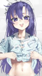 1girl absurdres aqua_pajamas blue_archive blue_eyes blue_pajamas blush clothes_lift collarbone collared_shirt hairband hanakonenne highres lifting_own_clothes long_hair looking_at_viewer navel official_alternate_costume open_mouth pajamas print_pajamas shirt sleepwear smile solo stomach upper_body white_hairband yuuka_(blue_archive) yuuka_(pajamas)_(blue_archive)