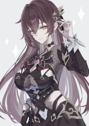 1girl absurdres black_dress black_gloves breasts brown_hair cleavage_cutout clothing_cutout commentary_request dress earrings eden_(honkai_impact) gloves grey_background hair_ornament highres honkai_(series) honkai_impact_3rd jewelry klq_gm large_breasts long_hair long_sleeves see-through_cleavage see-through_clothes simple_background single_glove solo very_long_hair yellow_eyes