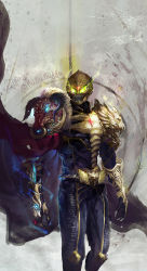 1boy armor bad_id bad_pixiv_id belt buffalo cape capelet cheng_c compound_eyes cx19cx epic glowing glowing_eyes gold helmet highres horns jewelry kamen_rider kamen_rider_beast kamen_rider_wizard_(series) lion male_focus mask ring solo