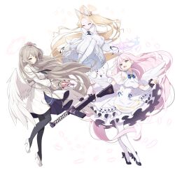 3girls absurdres animal_ear_fluff animal_ears bare_shoulders black_footwear black_pantyhose blonde_hair blue_archive blue_bow bow braid breasts brown_eyes brown_hair capelet closed_mouth commentary_request crescent crown_braid detached_sleeves dress feathered_wings flower frilled_dress frills full_body gun hair_bow hair_bun hair_flower hair_ornament halo handgun high_heels highres holding holding_gun holding_weapon koflif lanchester_smg long_hair long_sleeves medium_breasts mika_(blue_archive) multiple_girls nagisa_(blue_archive) neckerchief open_mouth pantyhose parted_bangs petals pink_flower pink_hair puffy_long_sleeves puffy_sleeves purple_flower seia_(blue_archive) shoes simple_background single_side_bun skirt_hold sleeveless sleeveless_dress standing submachine_gun tea_party_(blue_archive) tiptoes very_long_hair walther walther_ppk weapon white_background white_capelet white_dress white_footwear white_pantyhose white_wings wings yellow_eyes