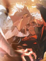 2boys absurdres black_coat black_gloves black_shirt blonde_hair blue_eyes blurry blurry_background body_markings bodysuit brothers building citronplanet coat crying crying_with_eyes_open depth_of_field falling gloves grey_bodysuit hand_on_another&#039;s_waist highres lens_flare male_focus millions_knives multiple_boys open_clothes open_coat partially_fingerless_gloves round_eyewear semi-rimless_eyewear shirt short_hair siblings skin_tight tears trigun trigun_stampede turtleneck twins undercut vash_the_stampede zipper