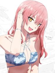 1girl bikini blue_bikini blush bracelet breasts cleavage collarbone commentary_request dated earrings happy_birthday highres idolmaster idolmaster_cinderella_girls jewelry jougasaki_mika long_hair looking_at_viewer medium_breasts misaki_nonaka open_mouth pink_hair ring ringed_eyes simple_background smile solo swimsuit teeth upper_body upper_teeth_only yellow_eyes