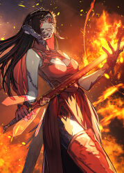 1girl absurdres au_ra black_hair boots breasts cleavage_cutout clothing_cutout colored_inner_hair colored_skin commission dragon_horns dragon_tail dress dutch_angle final_fantasy final_fantasy_xiv fire glasses gloves grey_skin hide_(hideout) highres holding holding_sword holding_weapon horns lips long_hair looking_at_viewer medium_breasts multicolored_hair red_dress red_eyes red_gloves red_hair red_mage_(final_fantasy) rimless_eyewear scales side_slit skeb_commission sleeveless sleeveless_dress smile solo sword tail teeth thigh_boots warrior_of_light_(ff14) weapon
