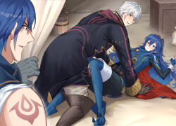 1girl 2boys ameno_(a_meno0) armor black_coat blue_eyes blue_gloves blue_hair blush brand_of_the_exalt brown_gloves bucket cape caught chrom_(fire_emblem) coat crate fingerless_gloves fire_emblem fire_emblem_awakening gloves hair_between_eyes long_hair long_sleeves looking_at_another lucina_(fire_emblem) lying male_robin_(fire_emblem) multiple_boys nintendo on_back on_ground open_mouth red_cape short_hair shoulder_armor sweatdrop walk-in white_hair yellow_eyes