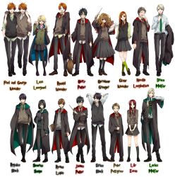 4girls 6+boys aged_down animification belt black_hair black_legwear blonde_hair blue_eyes blush book broom brown_eyes brown_hair buttons candy cape crossed_arms draco_malfoy earrings everyone food fred_weasley full_body george_weasley ginny_weasley glasses green_eyes green_legwear hair_ribbon hands_in_pockets harry_potter harry_potter_(series) hermione_granger highres hogwarts_school_uniform james_potter jewelry lily_evans loafers long_hair lucius_malfoy luna_lovegood mary_janes multiple_boys multiple_girls nakagawa_waka necklace necktie neville_longbottom open_mouth orange_hair pants pantyhose peter_pettigrew pleated_skirt ponytail red_eyes red_hair regulus_arcturus_black regulus_black remus_lupin ribbon robe ron_weasley scar scar_on_face scar_on_forehead school_uniform severus_snape shoes short_hair siblings sirius_black skirt smile smirk standing sweatdrop sweater sweater_vest twins wand wizarding_world