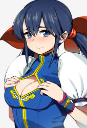 1girl blue_eyes blue_hair blush breasts chinese_clothes cleavage clothes_pull fatal_fury fatal_fury:_city_of_the_wolves futaba_hotaru hair_ribbon highres large_breasts looking_at_viewer low_twintails no_bra pulling_own_clothes ribbon snk solo teasing the_king_of_fighters touniyuu twintails