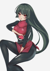 1girl absurdres black_pantyhose black_shirt blush breasts commentary green_hair grey_background hand_on_own_crotch highres holding holding_poke_ball long_hair long_sleeves looking_at_viewer nintendo open_mouth pantyhose poke_ball poke_ball_(basic) pokemon pokemon_lgpe red_eyes red_skirt red_vest rin_(pzky) sabrina_(pokemon) shirt simple_background skirt small_breasts solo vest