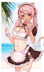 Rule 34 | 1girl, adapted costume, animal ears, apron, beach, black skirt, bow, bowtie, breasts, cat ears, cat tail, cleavage, commentary, cowboy shot, crop top, detached sleeves, extra ears, frilled shirt, frilled skirt, frills, hair ornament, hair ribbon, hairclip, halterneck, hands up, heart, highleg, highres, kemonomimi mode, kushinaka, large breasts, long hair, looking at viewer, maid, maid apron, maid headdress, midriff, miniskirt, navel, nijisanji, open mouth, outside border, panty straps, red eyes, ribbon, shiina yuika, shiina yuika (5th costume), shirt, short sleeves, side slit, skirt, sleeveless, sleeveless shirt, smile, solo, standing, stomach, tail, thighhighs, twintails, virtual youtuber, waist apron, white hair, white shirt, white thighhighs, wrist cuffs, zettai ryouiki