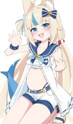 1girl animal_ears bikini bikini_under_clothes blue_bikini blue_eyes breasts cat_ears claw_pose dress fins fish_girl fish_tail highres indie_virtual_youtuber kyureizi long_hair looking_at_viewer low_twintails navel sameko_saba sandals short_shorts shorts sleeveless sleeveless_dress small_breasts solo swimsuit tail twintails very_long_hair virtual_youtuber white_dress white_shorts