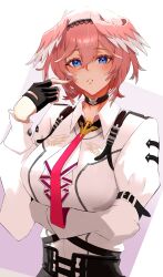 1girl absurdres black_gloves blue_eyes fingerless_gloves gloves hair_between_eyes hairband head_wings high-waist_shorts highres hololive long_sleeves looking_at_viewer necktie ottai0326 pink_hair puffy_sleeves shirt short_hair shorts solo takane_lui takane_lui_(1st_costume) virtual_youtuber white_shirt wings