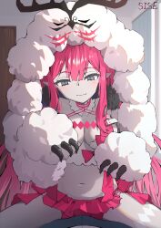 1girl absurdres baobhan_sith_(fate) baobhan_sith_(swimsuit_pretender)_(fate) baobhan_sith_(swimsuit_pretender)_(first_ascension)_(fate) blush breasts camisole cernunnos_(fate) detached_collar fate/grand_order fate_(series) fur-trimmed_jacket fur_trim headwear_with_attached_mittens highres jacket long_hair looking_at_viewer microskirt navel pink_hair pointy_ears pov sidelocks sise skirt smile straddling white_camisole white_jacket