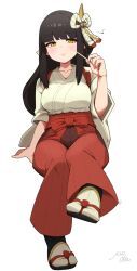 1girl black_hair blush closed_mouth commentary hair_ornament highres hinoa invisible_chair japanese_clothes kimono long_hair looking_at_viewer mocha_mh monster_hunter_(series) monster_hunter_rise sandals simple_background sitting socks solo symbol-only_commentary white_background white_socks wide_sleeves yellow_eyes
