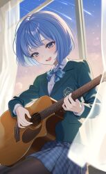 1girl :d absurdres acoustic_guitar blazer blue_bow blue_bowtie blue_eyes blue_hair blue_jacket blue_skirt bob_cut bow bowtie collared_shirt comet curtains guitar hashtag-only_commentary highres holding holding_guitar holding_instrument hoshimachi_suisei indoors instrument jacket kireigoto_(hoshimachi_suisei) lapels mui_maru music notched_lapels open_mouth playing_instrument pleated_skirt school_uniform shirt short_hair sitting skirt smile solo star_(symbol) star_in_eye swimsuit symbol_in_eye teeth virtual_youtuber white_shirt window