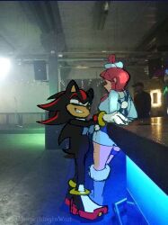1boy 1girl 2024_pokemon_teraleak artist_name ass boots breasts crossover flirting grin half-closed_eyes height_difference hetero highres i_just_love_latinas_sonic_(meme) large_breasts legs long_hair looking_at_another meme midriff nightclub nintendo pokemon pokemon_bw red_eyes red_hair sega shadow_the_hedgehog shorts side_ponytail sideboob skyla_(pokemon) smile somethinginworl sonic_(series) thighs