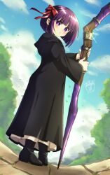 1girl black_boots black_robe blue_sky boots child danmakuman day dress fern_(sousou_no_frieren) forest from_behind from_below full_body hair_ribbon holding holding_staff looking_at_viewer looking_back matching_hair/eyes nature outdoors purple_eyes purple_hair red_ribbon ribbon robe sky solo sousou_no_frieren staff standing tree white_dress