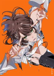 1girl asu_(sinsekai) black_boots blue_hair boots brown_hair clothing_cutout commentary_request criss-cross_strings double_v dress eyeshadow gradient_hair green_eyes highres jewelry kamitsubaki_studio knees_up looking_at_viewer lower_teeth_only lying makeup multicolored_hair neguko official_art on_back open_mouth orange_background orange_bridal_gauntlets orange_eyeshadow orange_nails parted_bangs ring second-party_source shoulder_cutout simple_background sinsekai_studio solo streaked_hair teeth thigh_boots thigh_gap v v_over_eye virtual_youtuber white_dress white_streaks
