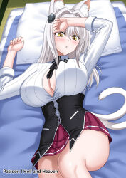 1girl aged_up animal_ear_fluff animal_ears black_ribbon blush breasts cat_ears cat_girl cat_hair_ornament cat_tail cleavage collared_shirt female_focus futon hair_intakes hair_ornament hellandheaven high_school_dxd highres kuoh_academy_school_uniform large_breasts multiple_tails no_bra patreon_username pillow pink_skirt ribbon school_uniform shirt skirt solo tail tatami toujou_koneko two_tails underbust white_shirt yellow_eyes
