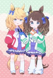 2girls animal_ears artist_name blonde_hair bow brown_footwear brown_hair chibi commentary_request drinking drinking_straw ear_bow gold_city_(umamusume) green_jacket hands_in_pockets holding holding_phone horse_ears horse_girl horse_tail jacket juice_box long_hair long_sleeves looking_at_phone loose_socks mopiwo multiple_girls open_mouth phone pleated_skirt polka_dot polka_dot_background purple_shirt purple_skirt red_jacket school_uniform shirt shoes skirt sleeves_past_fingers sleeves_past_wrists smile socks standing tail tosen_jordan_(umamusume) tracen_school_uniform twintails umamusume