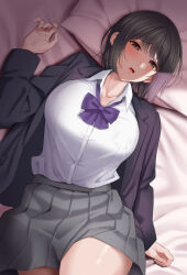 Rule 34 | 1girl, black hair, black jacket, blazer, bob cut, bow, bowtie, breasts, buttons, collared shirt, grey eyes, grey skirt, huyumitsu, jacket, long sleeves, lying, on back, open clothes, open jacket, open mouth, original, pillow, pleated skirt, purple bow, purple bowtie, shirt, short hair, skirt, solo, white shirt