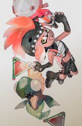 1girl belt belt_buckle bike_shorts black_belt black_boots black_gloves black_helmet black_shirt black_shorts boots buckle chum_(splatoon) commentary_request crop_top dark-skinned_female dark_skin fangs fingerless_gloves flat_chest full_body gloves grey_background helmet holding holding_weapon inkling inkling_girl inkling_player_character looking_at_viewer midriff navel nintendo open_mouth orange_hair panchicchi_(pixiv_101958735) salmonid shirt short_hair shorts smile solo splat_bomb_(splatoon) splatoon_(series) sploosh-o-matic_(splatoon) tentacle_hair thick_eyebrows weapon yellow_eyes