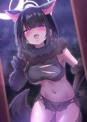 animal_ears black_claws black_hair black_tail blue_archive cat_ears colored_inner_animal_ears colored_inner_hair commentary crop_top extra_ears fake_claws fang fur-trimmed_gloves fur_scarf fur_sleeves fur_trim gloves halloween_costume halo hand_on_own_hip heart heart-shaped_pupils heart_in_eye highres kazukoto kazusa_(blue_archive) kazusa_(halloween)_(blue_archive) looking_at_viewer multicolored_hair navel official_alternate_costume pink_halo red_eyes shirt short_hair skirt sleeveless sleeveless_shirt smile symbol-shaped_pupils symbol_in_eye torn_clothes torn_skirt werewolf_costume