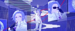 1boy absurdres aotsuki_eito black_gloves gibbous_moon glasses gloves grey_hair highres jacket looking_at_viewer male_focus moon multiple_views purple_eyes purple_theme rei_rigel short_hair spiral_staircase stairs string string_of_fate sunglasses the_hundred_line_-last_defense_academy- white_jacket