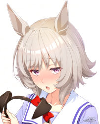 1girl blush commentary_request curren_chan_(umamusume) dated ear_cover_removed ear_covers grey_hair highres horse_girl looking_at_viewer masaki_shino open_mouth purple_eyes school_uniform signature simple_background solo tracen_school_uniform umamusume upper_body white_background