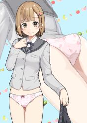 1girl absurdres ass blue_background blunt_ends blush bow bow_panties breasts brown_eyes brown_hair buttons closed_mouth collared_shirt commentary_request commission cowboy_shot crotch_seam dress_shirt embarrassed food-themed_hair_ornament food_print fruit_background fruit_print grey_jacket grey_ribbon grey_sailor_collar grey_skirt hair_ornament hand_up highres holding holding_unworn_clothes holding_unworn_skirt jacket large_variant_set long_sleeves looking_at_viewer medium_hair multiple_views neck_ribbon negimiso1989 no_pants original panties peach_hair_ornament pink_bow pink_panties pixiv_commission plaid_clothes plaid_panties pleated_skirt print_panties raised_inner_eyebrows ribbon sailor_collar school_uniform serafuku shirt skirt small_breasts standing underwear unworn_skirt variant_set white_shirt zoom_layer
