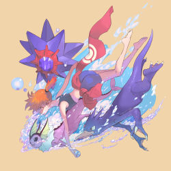 1girl absurdres adapted_costume alternate_color aqua_eyes ass asymmetrical_hair bare_legs bikini blue_bikini breasts bubble creatures_(company) game_freak gen_1_pokemon golduck gym_leader highres hiro_(user_negm3832) legs misty_(pokemon) nintendo orange_hair pokemon pokemon_(creature) pokemon_frlg ponytail shiny_pokemon short_hair side_ponytail starmie swimming swimsuit underwater underwear vaporeon