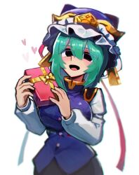 1girl black_eyes black_skirt blue_hat blue_vest breasts epaulettes frilled_hat frills gift green_hair hat heart highres holding holding_gift iganashi1 large_breasts long_sleeves looking_at_viewer medium_hair open_mouth shiki_eiki simple_background skirt solo touhou valentine vest white_background