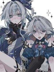 Rule 34 | 2girls, black gloves, blue dress, blue eyes, blue vest, blush, cerydra (honkai: star rail), cerydra (honkai: star rail) (cosplay), closed mouth, color connection, company connection, cosplay, costume switch, crossed legs, crown, detached sleeves, dress, furina (genshin impact), furina (genshin impact) (cosplay), genshin impact, gloves, hair color connection, hair intakes, hat, honkai: star rail, honkai (series), long hair, mihoyo, mini crown, multiple girls, open mouth, rurusorachan, simple background, thighs, top hat, twitter username, vest, white background