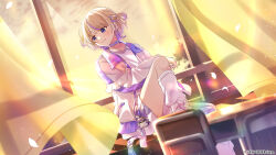 1girl arm_on_knee banpen_(todoroki_hajime) blonde_hair blunt_bangs chair classroom copyright_notice curtains desk dusk falling_petals feet_on_table frilled_jacket frills high_tops highres hololive hololive_dev_is indoors iridescent jacket leg_warmers looking_to_the_side mikawa_ayumu multicolored_hair official_art open_clothes open_jacket petals purple_eyes purple_hair school_chair school_desk shirt shoes short_hair shorts sitting sitting_on_table smile sneakers socks solo streaked_hair todoroki_hajime todoroki_hajime_(1st_costume) two_side_up virtual_youtuber white_jacket white_leg_warmers white_shirt white_shoes white_shorts window