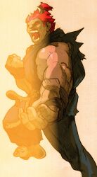 1boy akuma_(street_fighter) angry barefoot beads bengus capcom clenched_hand dougi facing_to_the_side fighting_stance game_cg gloves highres karate_gi male_focus martial_arts_belt marvel marvel_vs._capcom marvel_vs._capcom_2 muscular muscular_male non-web_source official_art open_mouth outstretched_arm prayer_beads red_eyes red_hair scan short_hair sidelighting simple_background solo street_fighter teeth topknot