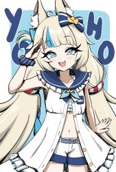 1girl animal_ear_fluff animal_ears belt bikini bikini_under_clothes blonde_hair blue_background blue_bow blue_eyes blue_hair blue_nails blush border bow cat_ears commentary cowboy_shot dress english_commentary fins fish_girl fish_tail hair_bow highres indie_virtual_youtuber jdlink lifebuoy_hair_ornament long_hair looking_at_viewer low_twintails multicolored_hair nail_polish navel open_clothes open_dress open_mouth paper_boat sailor_collar salute sameko_saba scrunchie short_shorts shorts sleeveless smile solo standing streaked_hair swimsuit tail teeth twintails upper_teeth_only virtual_youtuber white_border white_dress white_shorts wrist_scrunchie
