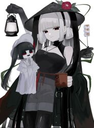 1girl black_dress black_pantyhose blunt_bangs character_doll cup disembodied_hand dress eating fate/grand_order fate_(series) flower ghost_hands hat hat_flower highres holding holding_cup holding_lantern jacket jingasa komahime_(fate) lantern looking_at_viewer pants pantyhose red_eyes roasted_marshmallow rurubusandayo sen_no_rikyu_(fate) short_hair shorts sidelocks smile solo toeless_legwear unworn_jacket white_hair wide_sleeves