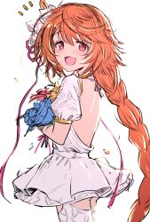 1girl backless_outfit bouquet braid fenie_(granblue_fantasy) flower granblue_fantasy highres holding holding_bouquet long_hair looking_at_viewer oni_b orange_eyes orange_hair puffy_sleeves single_braid smile solo very_long_hair