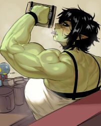 ... 1girl 1other alcohol back black_hair blonde_hair blush breasts choker colored_skin cup dripping ear_blush facial_scar female_orc green_skin grey_background highres holding holding_cup huge_breasts krekkball krekkov mug muscular muscular_female orc original pointy_ears scar scar_on_cheek scar_on_face scar_on_nose short_hair simple_background sitting tongue tongue_out tusks upper_body variant_set wristband
