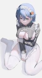 1girl absurdres alternate_breast_size alternate_costume apron belle_(zenless_zone_zero) black_dress blue_hair closed_mouth dress enmaided flippy_(cripine111) green_eyes grey_background hair_between_eyes hair_ornament highres looking_at_viewer maid maid_apron maid_headdress no_shoes short_hair simple_background sketch thighhighs white_apron white_thighhighs zenless_zone_zero