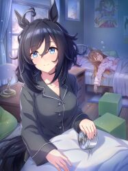 2girls absurdres alarm_clock animal_ears artist_request bedroom black_hair blue_eyes breasts brown_hair buttons clock closed_eyes closed_mouth collarbone collared_shirt cowboy_shot cube curtains desk_lamp dot_nose eishin_flash_(umamusume) eyelashes fingernails game_cg grey_pajamas grey_shirt hair_between_eyes hair_down hand_on_lap hand_on_own_stomach happy highres holding holding_clock horse_ears horse_girl horse_tail indoors lamp lapels large_breasts light_blush light_particles long_hair long_sleeves looking_to_the_side lying messy_hair morning multiple_girls nightstand notched_lapels official_art on_back on_bed open_mouth pajamas polka_dot polka_dot_shirt poster_(object) railing rug shirt sitting sleeping smart_falcon_(umamusume) smile snoring squeans tail tareme tree umamusume under_covers waking_up white_pajamas white_shirt window wooden_floor