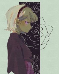 1girl arms_at_sides black_background black_hairband border closed_mouth flower from_side hairband homestuck long_sleeves looking_down outside_border plaid_clothes plaid_skirt profile purple_eyes purple_skirt purple_sweater rose rose_lalonde short_hair skirt skounch solo sweater swept_bangs upper_body white_border white_hair