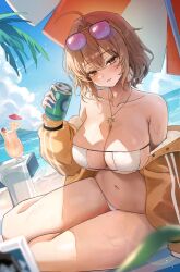 1girl anis_(nikke) anis_(sparkling_summer)_(nikke) bare_shoulders beach bikini blush breasts brown_eyes brown_hair can cleavage closed_mouth collarbone day drink eyewear_on_head goddess_of_victory:_nikke hashtag-only_commentary highres holding holding_can jacket jewelry large_breasts long_sleeves looking_at_viewer navel necklace off_shoulder official_alternate_costume outdoors parasol short_hair sitting smile solo sunglasses swimsuit thighs umbrella water white_bikini yam_s2 yellow_jacket