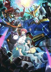 Rule 34 | 1boy, 1girl, aeug, amate yuzuriha, aqua eyes, aqua shirt, aqua skirt, blue eyes, blue hair, breasts, closed mouth, commentary request, glowing, gquuuuuux, green eyes, gundam, gundam gquuuuuux, haro, hat, holding, jacket, kamille bidan, long sleeves, looking at viewer, mecha, military uniform, mobile suit, necktie, open mouth, red hair, robot, school uniform, science fiction, shirt, short hair, skirt, smile, sweater, totthii0081, v-fin, weapon, zeknova, zeta gundam, zeta gundam (mobile suit)