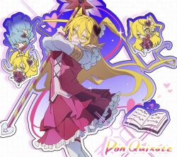 +_+ 2girls armband blonde_hair blue_hair book bow bowtie character_backpack chibi colored_eyelashes cowboy_shot cross-laced_clothes cross-laced_top don_quixote_(project_moon) drop_shadow e.g.o_(project_moon) floating_hair frilled_gloves frilled_skirt frilled_sleeves frills gloves hair_between_eyes hair_ornament hair_ribbon heart heart_hair_ornament highres holding holding_hands holding_wand in_the_name_of_love_and_hate_(e.g.o) knees layered_shirt light_particles limbus_company llllao216913 lobotomy_corporation_(identity)_(project_moon) long_hair looking_at_viewer magical_girl miniskirt multiple_girls multiple_views one_eye_closed open_book open_mouth orange_armband outline pink_shirt pink_skirt pleated_skirt project_moon purple_outline queen_of_hatred red_bow red_bowtie ribbon shirt skirt sparkle sparkling_eyes star_wand striped_clothes striped_skirt thighhighs two_side_up v vertical-striped_clothes vertical-striped_skirt very_long_hair wand white_background white_gloves white_ribbon white_sleeves white_thighhighs yellow_eyes
