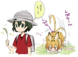 2girls :3 animal_ears blonde_hair blush cat_ears cat_girl cat_tail cattail closed_mouth commentary_request expressionless full_body green_eyes green_hair grey_hat hat helmet imminent_pounce kaban_(kemono_friends) kemono_friends kirihara_izumi looking_at_another lowres multiple_girls pith_helmet plant serval_(kemono_friends) short_hair tail tail_wagging translation_request upper_body white_background yellow_eyes