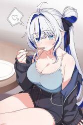 1girl :3 absurdres ahoge alternate_costume aokumo_rin bare_shoulders black_jacket black_shorts blue_eyes blue_hair blue_shirt breasts camisole cleavage collarbone colored_eyelashes fork hair_ornament hair_ribbon hairclip heart high-waist_shorts highres holding holding_fork jacket large_breasts long_hair long_sleeves looking_at_viewer multicolored_hair off_shoulder ribbon saho_4545 shirt shirt_tucked_in short_shorts shorts side_ponytail sidelocks sleeveless sleeveless_shirt smile solo spoken_heart stellive strap_gap streaked_hair thighs two-tone_hair very_long_hair virtual_youtuber white_eyelashes white_hair