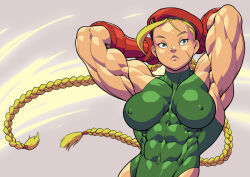 1girl abs armpits arms_behind_head arms_up beret blonde_hair blue_eyes braid breasts cammy_white closed_mouth collarbone covered_erect_nipples facial_scar gloves green_leotard hat leotard looking_to_the_side medium_breasts muscular muscular_female pokkuti red_gloves red_hat scar scar_on_cheek scar_on_face simple_background solo street_fighter twin_braids upper_body