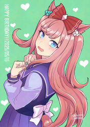 1girl adversarial_noise agnes_digital_(umamusume) animal_ears blue_eyes blush bow clenched_hands clothing_cutout dated drooling green_background hair_bow hands_up happy_birthday heart hi_(ibisf5umauma) highres horse_ears horse_girl horse_tail long_sleeves looking_at_viewer looking_to_the_side mouth_drool open_mouth pink_hair purple_shirt purple_skirt sailor_collar school_uniform shirt skirt solo tail tail_through_clothes tracen_school_uniform twitter_username two_side_up umamusume upper_body watermark